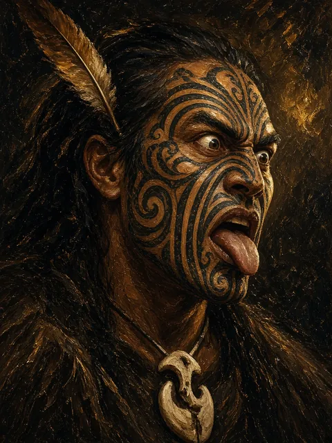 Māori warrior with tā moko performing a pukana, tongue out